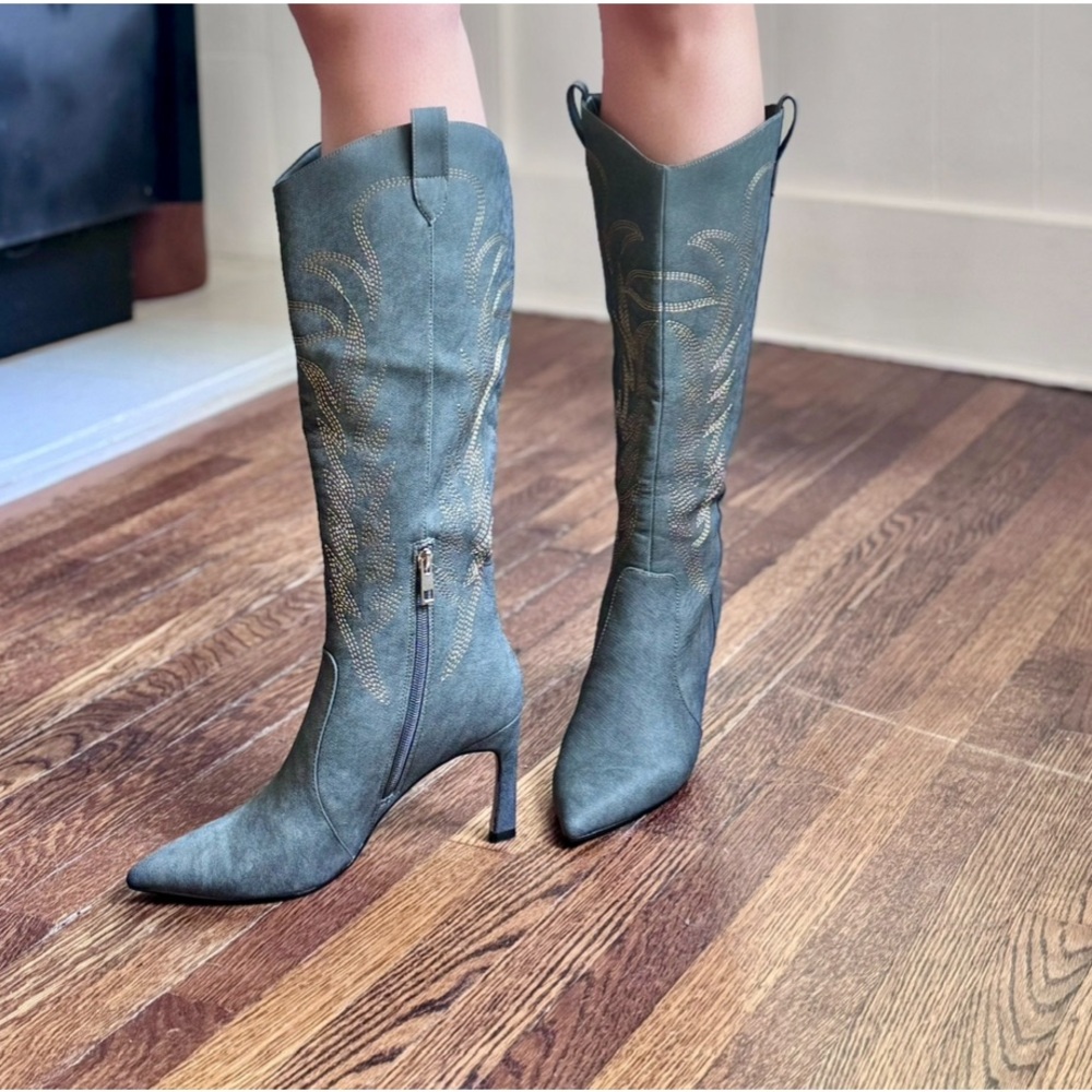 Denim knee high boots